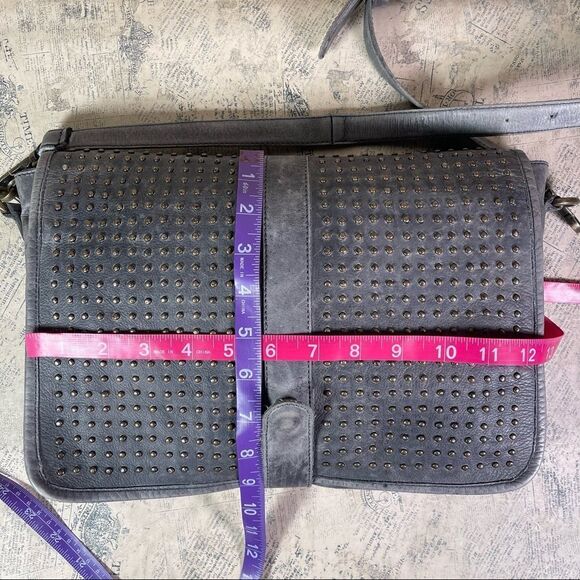 Platania | Leather Grey Studded Messenger Bag - Picture 14 of 16